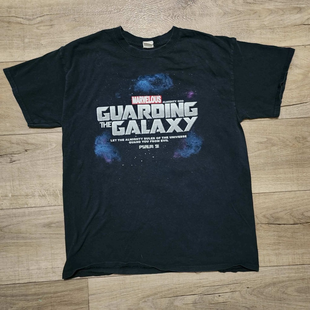 Gildan Guarding the Galaxy Christian Parody T-Shirt Black Men L Psalm 91 Jesus